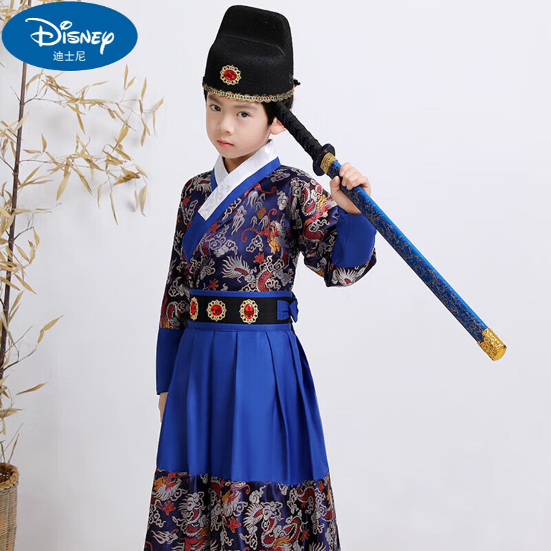 迪士尼（Disney）汉服男童儿童春季飞鱼服国潮风帅气锦衣卫小学生中国风古装演出服 蓝色衣服+帽子 含伸缩剑 120cm 适合身高115-125cm怎么看?