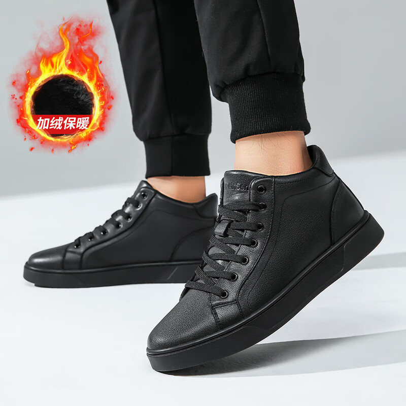 木林森休闲皮鞋男高帮头层牛皮爸爸鞋软皮软底马丁鞋秋冬加绒保暖男鞋 D3242898M黑色 38