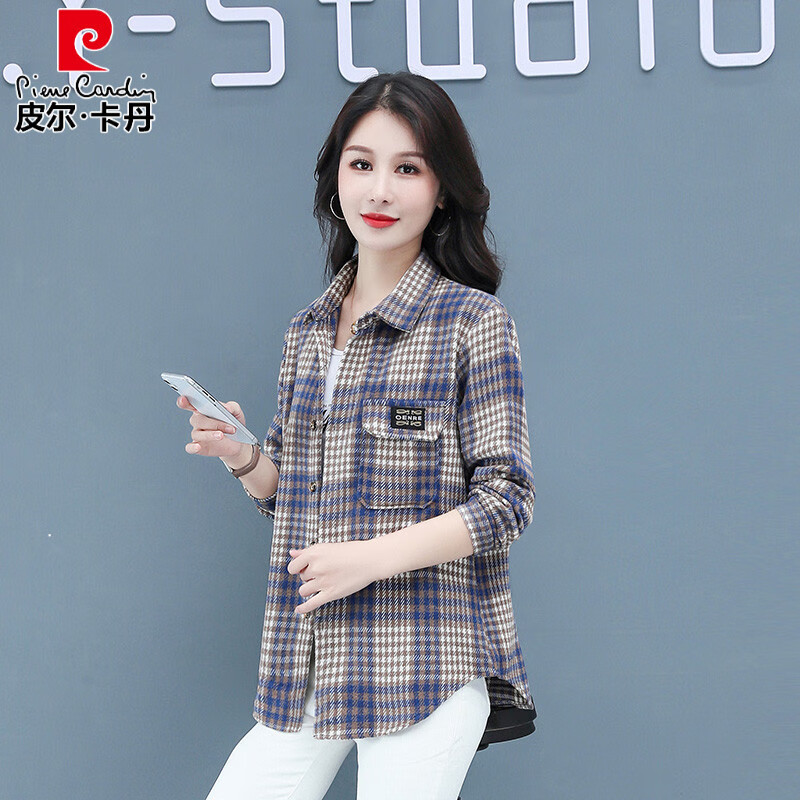 皮尔卡丹(pierre cardin)毛呢格子衬衫女2025新款秋季时尚复古港味宽松加厚衬衣春秋装外套 千鸟蓝【毛呢格子衬衫】593ZHYL1560 XL (85-100)