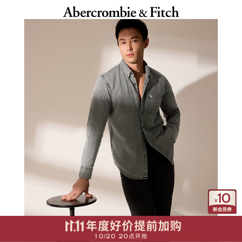 Abercrombie &amp; Fitch经典小麋鹿图案男装春秋美式复古通勤牛仔布长袖衬衫125-4040 浅灰色 S (175/92A)