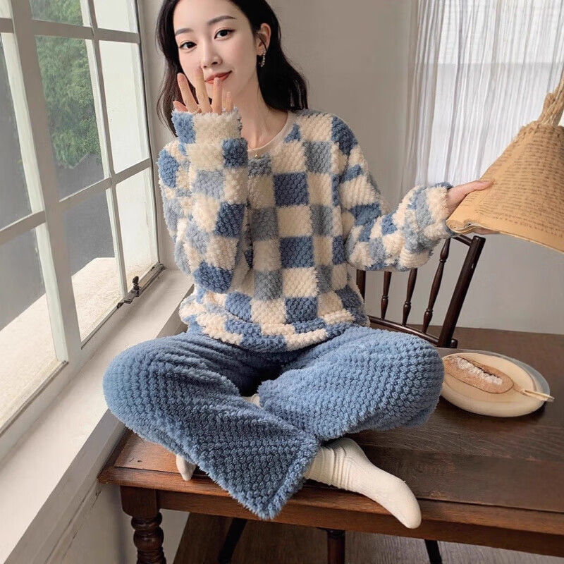 有只绵玫瑰绒睡衣女秋冬季加绒加厚格子睡衣园领可外穿法兰绒居家服 粉格子 套装 均码 80-150