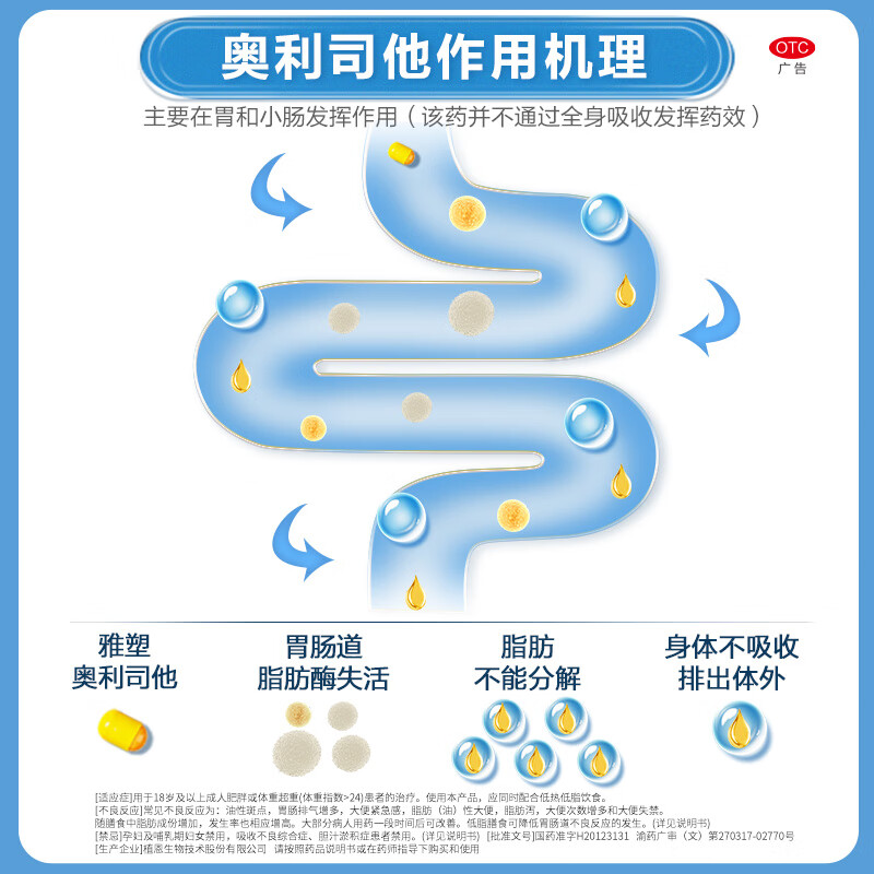 [雅塑]奥利司他胶囊 0.12g*18粒 3盒装 0.12g*18粒/盒减肥减脂减重治疗肥胖患者OTC国药准字 共发54