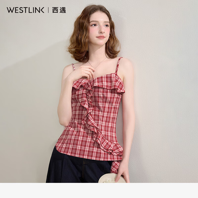 西遇（Westlink）【明媚少女】辣妹复古红色格纹收腰荷叶边吊带女2025夏季上衣 红色 S (155)