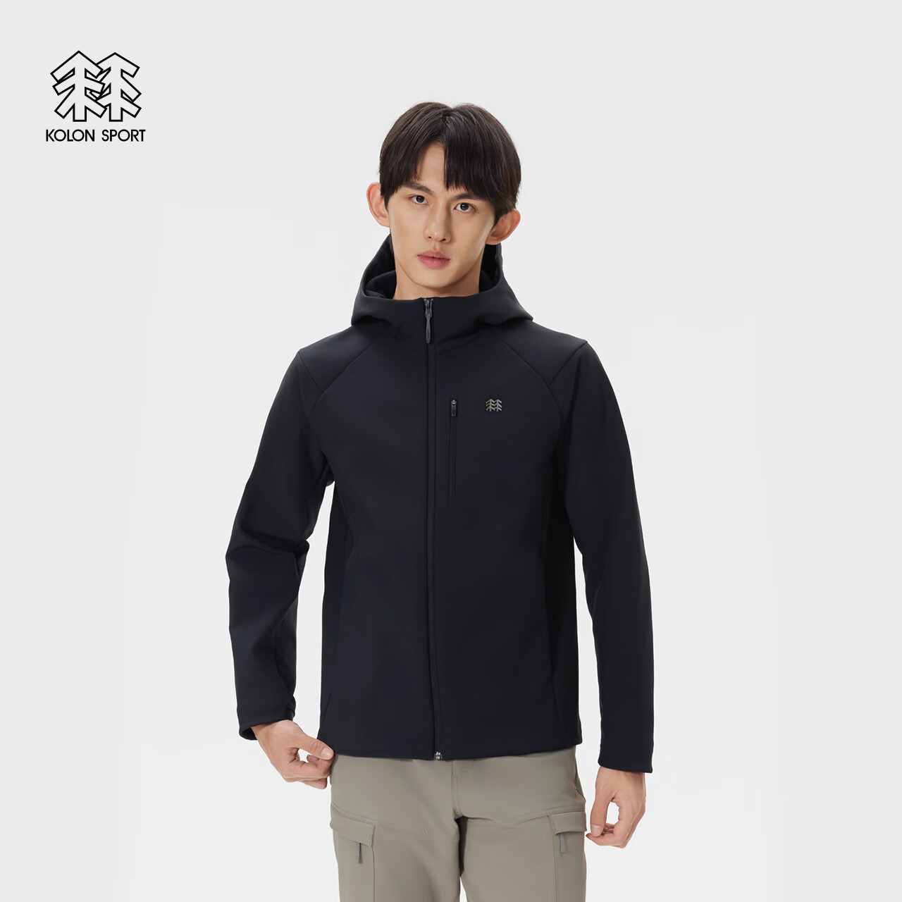 KOLON SPORT/可隆户外软壳衣 男士防泼水防风透湿保暖连帽拉绒夹克 LHJK5WN069-BK 黑色 M 170/92A