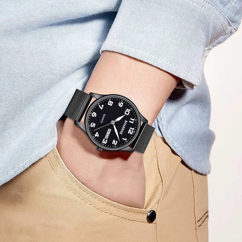 伯恩(BOARRNE)中考高考试静音专用手表 初中学生高中生手表学生男女夜光防水表 黑色40盘 钢带男表(日历)