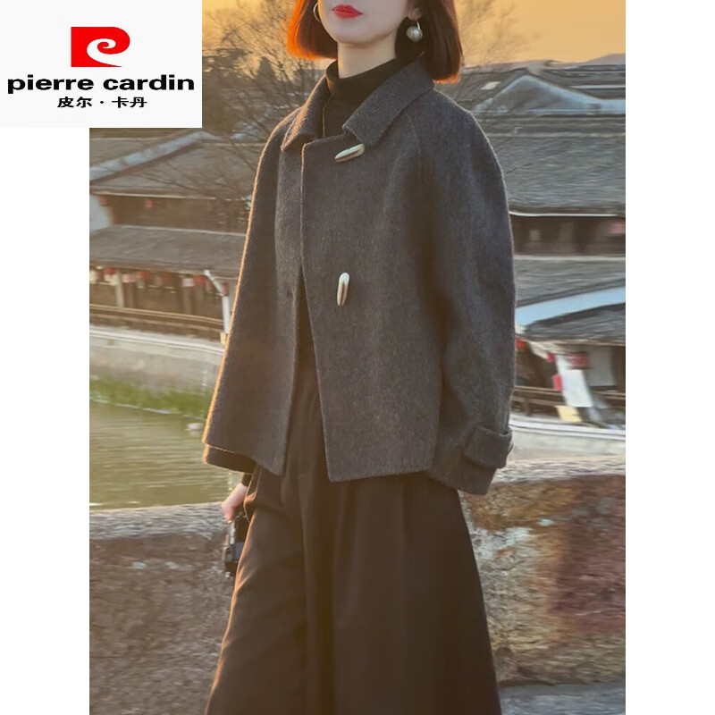 皮尔卡丹(pierre cardin)高端双面羊毛呢大衣女2025春秋新宽松显瘦小个子时尚减龄呢子外套 深灰色 S