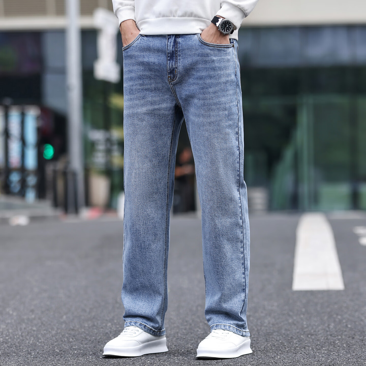 大大牛亲肤舒适秋冬季加厚牛仔裤男四面弹直筒宽松高腰休闲时尚长裤子 浅蓝色 2601A 44 推荐240-260斤