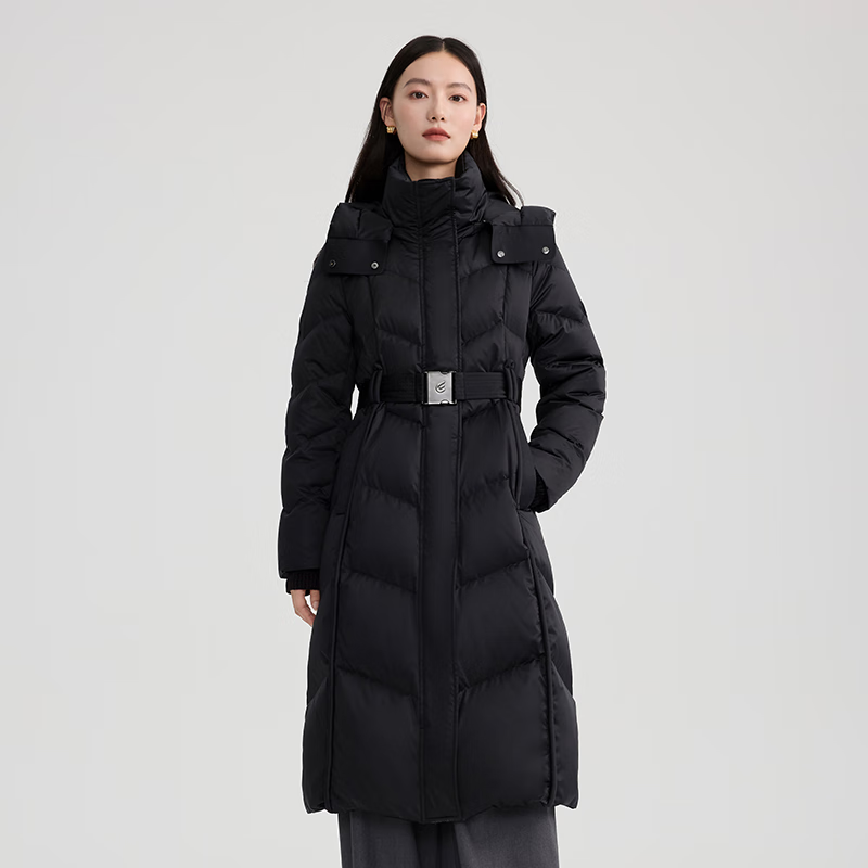 艾莱依（ERAL）冬季羽绒服女款长款新款连帽气质大衣修身加厚收腰休闲外套 炭黑 S （建议80-105斤b