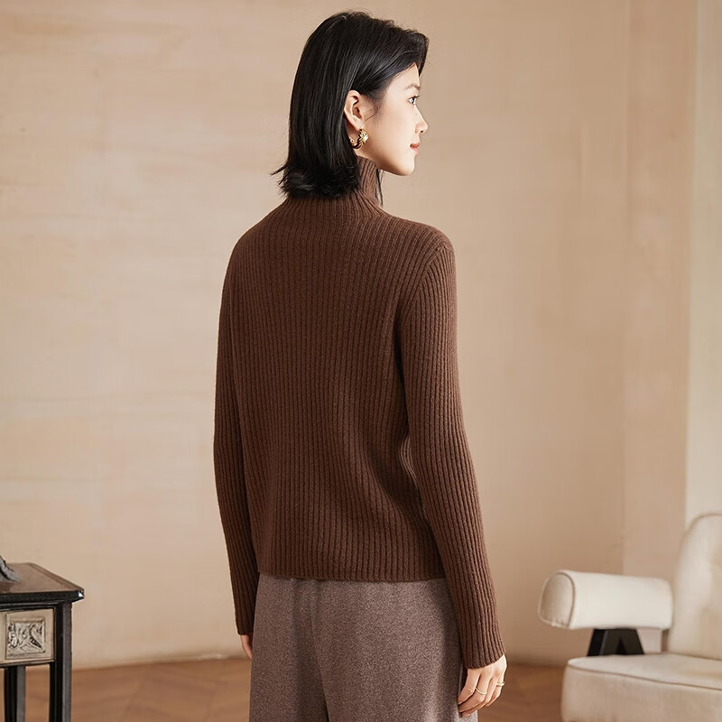 恒源祥【羊毛+羊绒】无缝针织衫上衣高领羊毛衫女装秋冬纯色保暖毛衣女 咖色 S /160/84A
