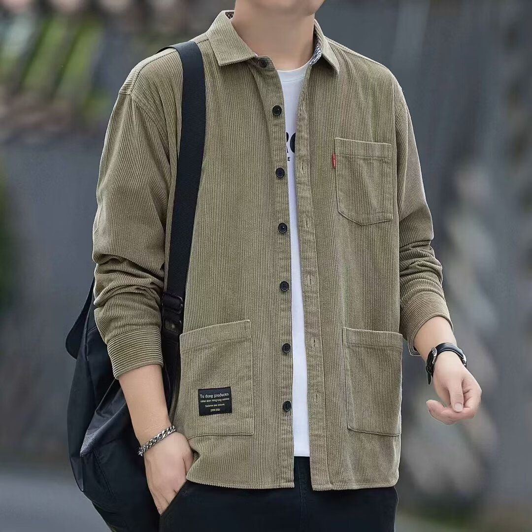 秋装男士长袖工装衬衫港风宽松新款长袖衬衣外套灯芯绒外套cm 卡其色 330克重 XL （建议130-150斤）