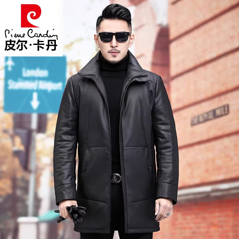 皮尔卡丹（pierre cardin）海宁绵羊皮真皮中长款皮衣羽绒服风衣男冬季外套加绒加厚新款宽松 黑色 3XL 155-170斤