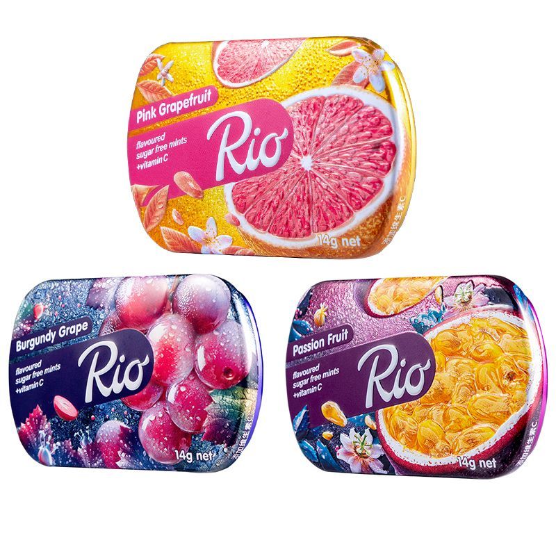 Rio無糖薄荷糖3盒裝 清新口氣糖口香糖冰涼木糖醇糖果零食水果味 【】紅葡萄+西柚+百香果