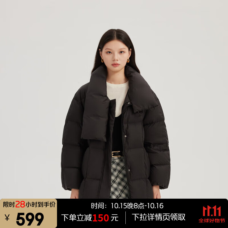 艾莱依（ERAL）羽绒服女士牛角扣围巾中长款羽绒服冬季新款旷野美拉德风外套 炭黑 S 155【建议80-110斤】
