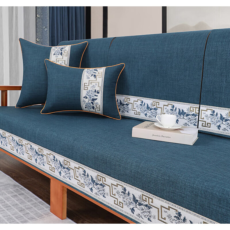 荃姝棉麻沙发垫中式沙发罩盖布巾感防滑沙发巾四季 国色天香-棉麻-红色 110cm*240cm