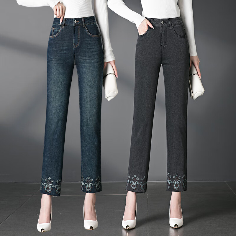 友家坊2025秋季新款九分牛仔裤女士直筒高腰休闲时尚百搭弹力中年女裤子 蓝色 常规 30 腰围2尺3 （120-130斤）