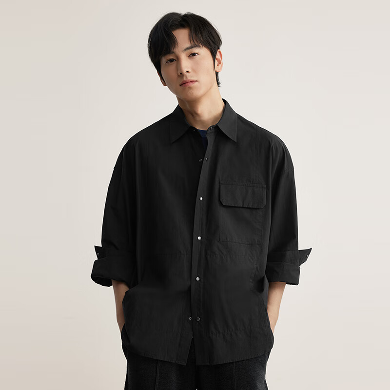 MARKLESS秋季新款衬衫男100%棉尖领宽松上衣纯色亲肤长袖衬衣外套CSB5506M 黑色 常规 M