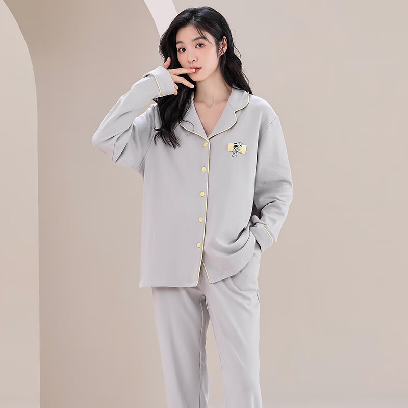 猫人睡衣女春秋 长袖两件套 开衫可外穿立体图案 可外穿家居服 08M6321浅灰色 3XL