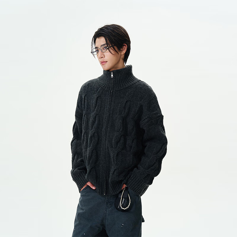 尾郎的店秋冬拉链开衫毛衣男慵懒风高级感麻花高领针织衫外套情侣新年 深灰色 L