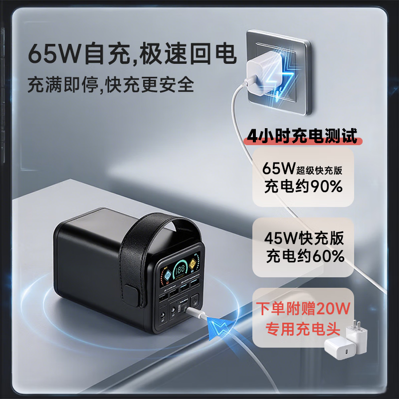 元兔【3C认证】 60000毫安大容量充电宝移动电源 140W快充 可上高铁 户外直播露营应急适用手机笔记本 灰色|55W+充电头20W