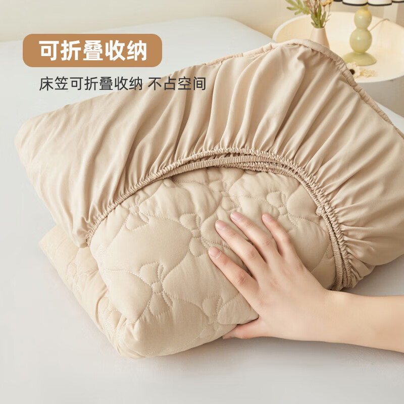 雅鹿加厚夹棉床笠防尘绗缝床罩三件套隔脏床盖床垫保护套床上用品 蝴蝶结床笠-奶茶【蓬松柔软 四季通用】 180*200cm单床笠+枕套一对