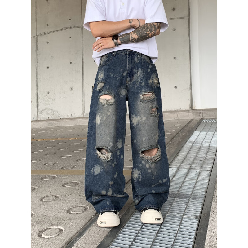 原创vibe破洞牛仔裤男夏季美式潮牌宽松休闲阔腿拖地裤子大码男装 蓝色91005-3 M