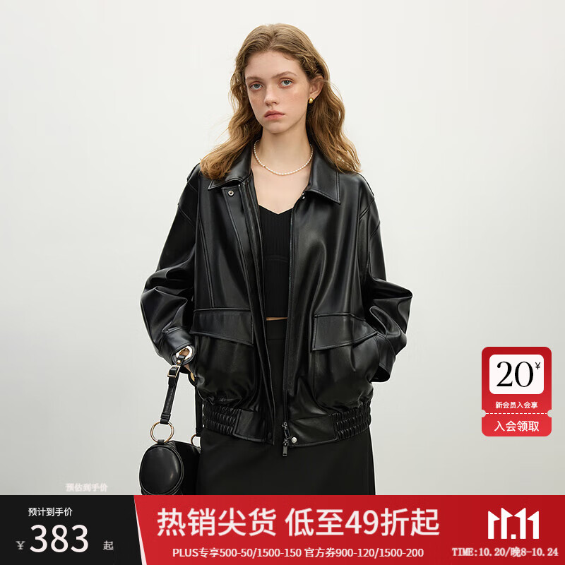 范思蓝恩韩系休闲宽松皮衣女2025春装新款百搭落肩袖外套上衣1087 黑色 M