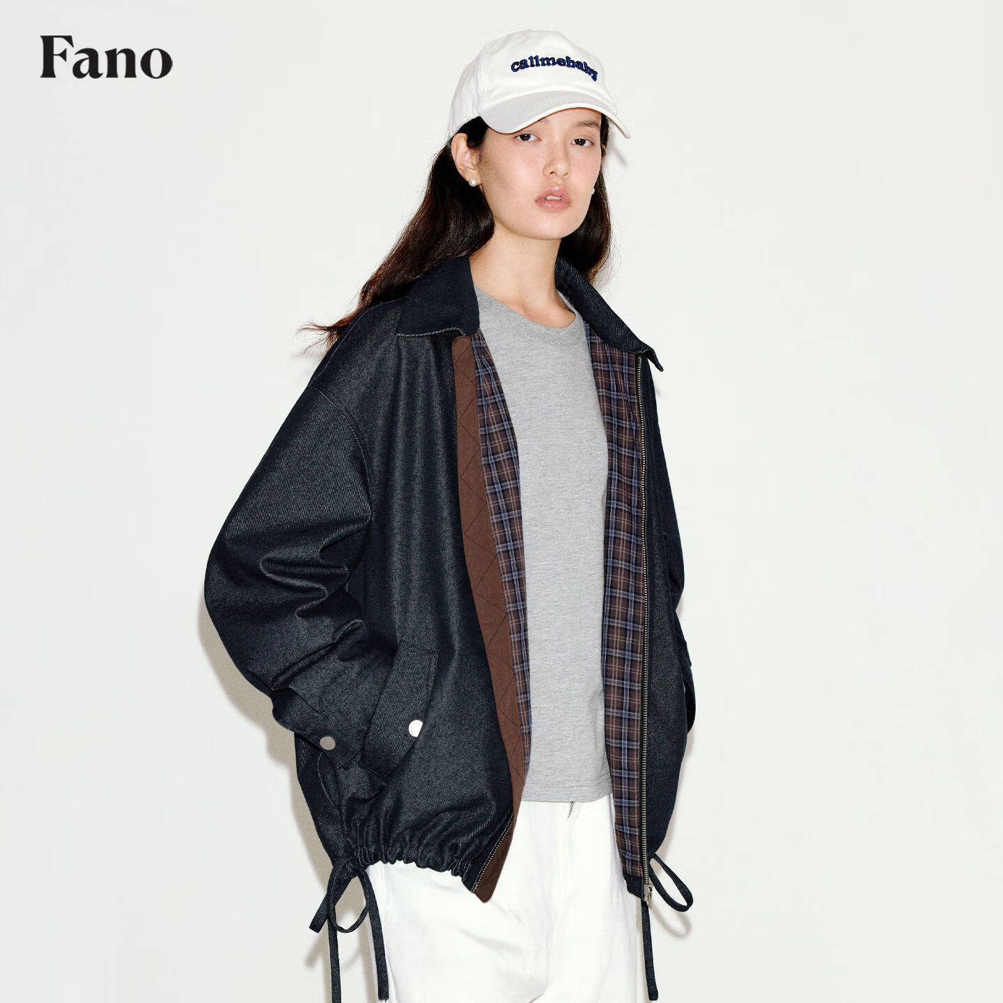 fano studios范洛Fano 门襟复古撞色原色牛仔蓝格纹半衬休闲抽绳下摆短外套女 牛仔色 现货 S