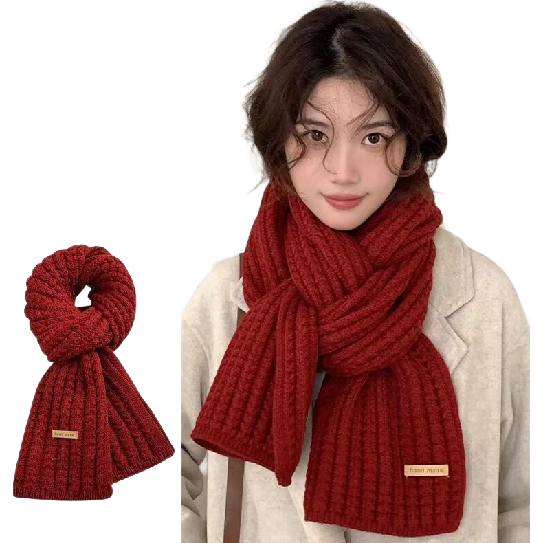 百搭韩版针织毛线红色围巾女2024圣诞冬季高级感新年礼物情侣围脖 围巾-黑色-1个装-保暖 1