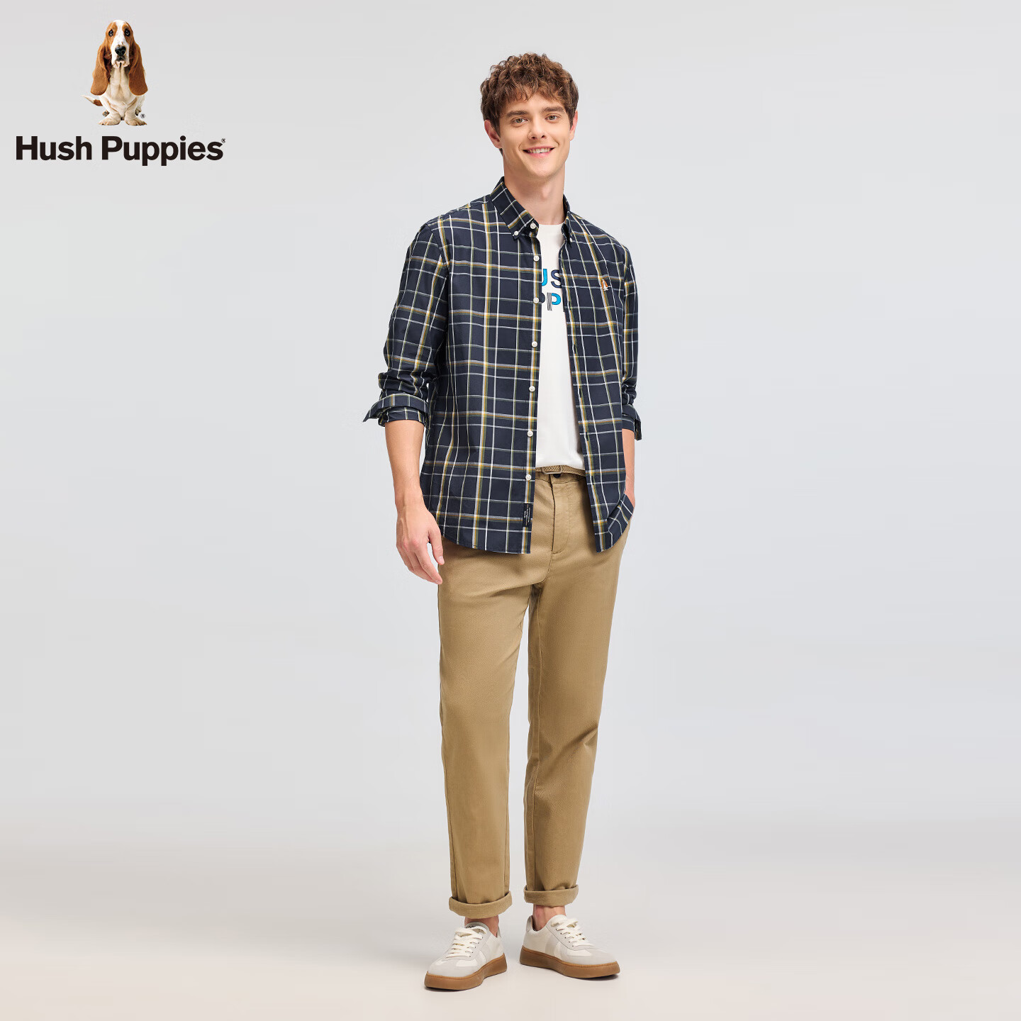 暇步士(Hush Puppies)【舒适全棉】男装2025秋季简约基础款格纹长袖衬衫 墨蓝色 XL