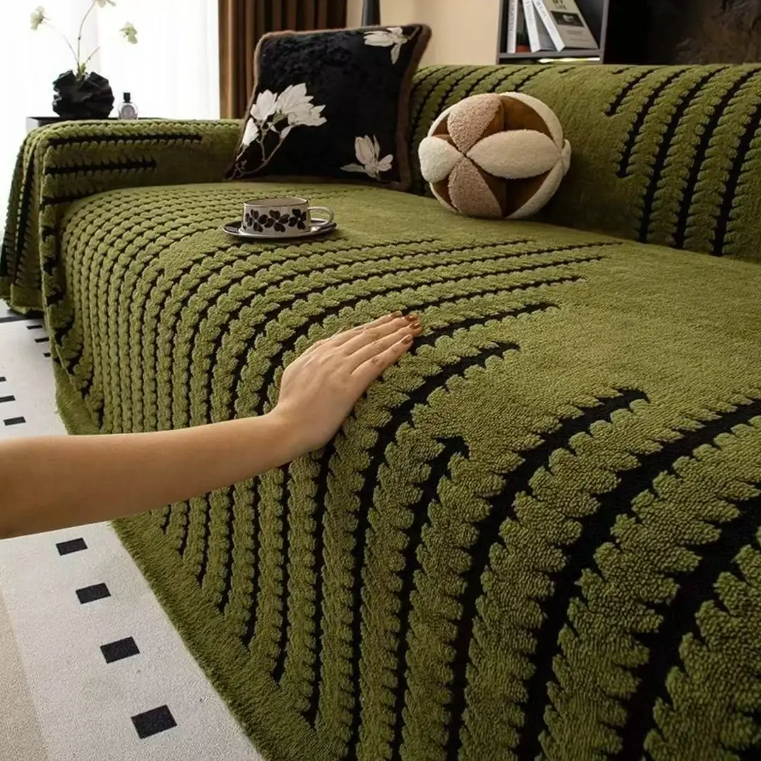 暖意绒绒云感万能全盖沙发盖四季款防滑防猫抓高级感提花毛绒套罩 卿绒星宇沙发巾-抹茶绿 三人位 180*300cm【适合三人位/大双人位】