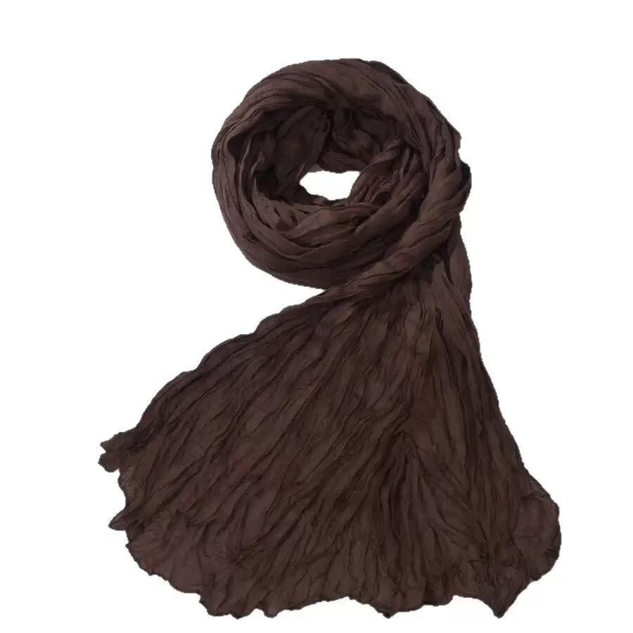 县城文学棕色复古棉麻围巾女秋薄款文艺亚麻褶皱风衣丝巾系脖长条 米黄色