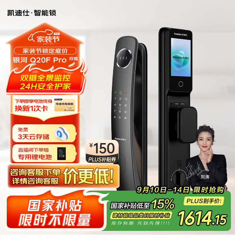 凯迪仕（kaadas）智能门锁 人脸大屏可视猫眼监控全自动指纹锁密码锁 Q20F Pro双摄