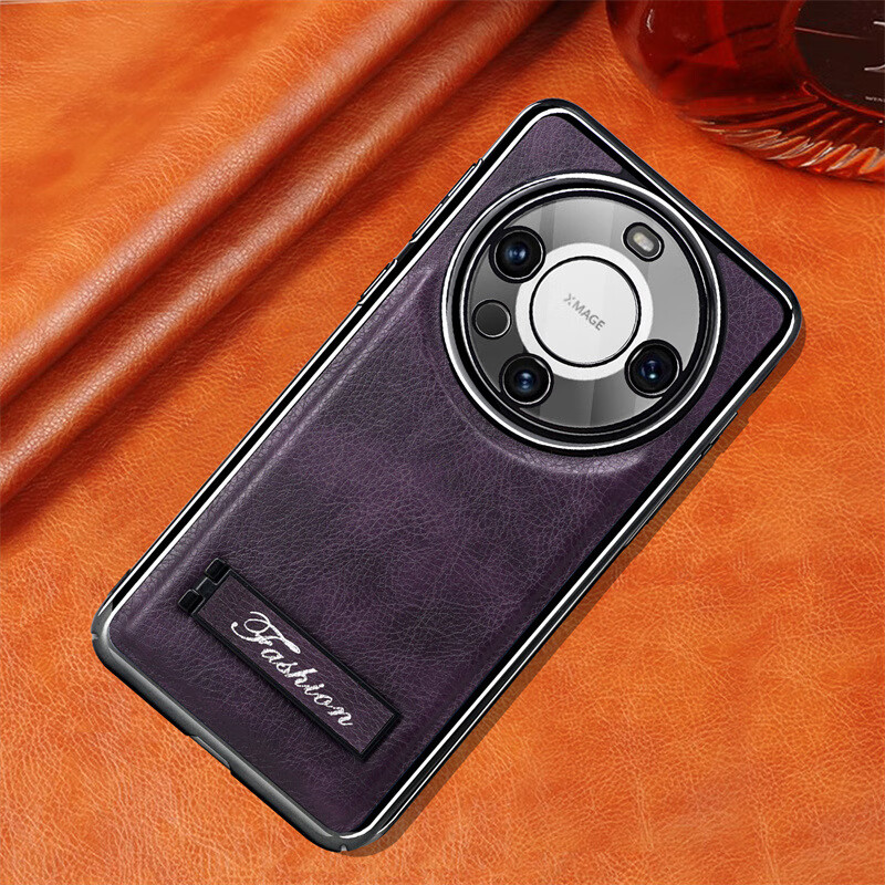 馨歌适用华为mate60pro手机壳华为mate605G外壳带支架mate60pro+ 暗夜紫-高档皮革带支架 华为mate60