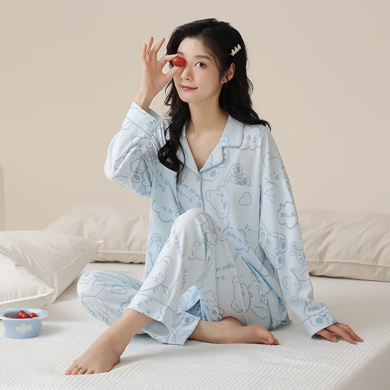 洁丽雅睡衣女士四季100%纯棉长袖长裤套装高级感带胸垫可外穿家居服女 【100%棉】蓝色小熊(带胸垫) 412199 L (建议100-120斤)