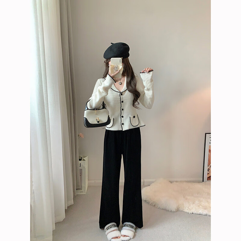 阿玛施AMASS哥弟适用黑色丝绒直筒裤女春秋百搭显瘦显腿长垂顺休闲长裤拖地裤 黑色 L