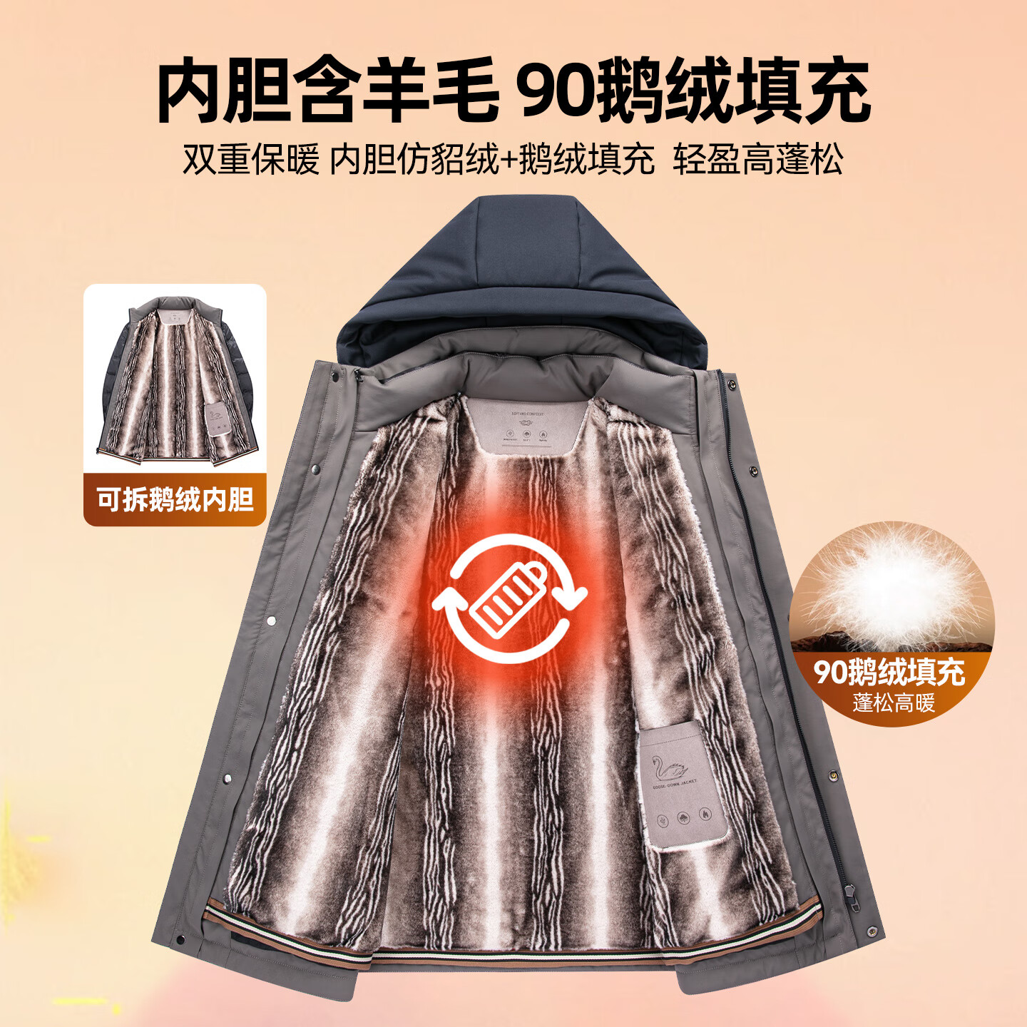 罗蒙【一衣多穿】中长款鹅绒羽绒服男冬季新款可脱卸帽保暖羽绒外套男 藏青色 XL (180) 【建议135-150斤】