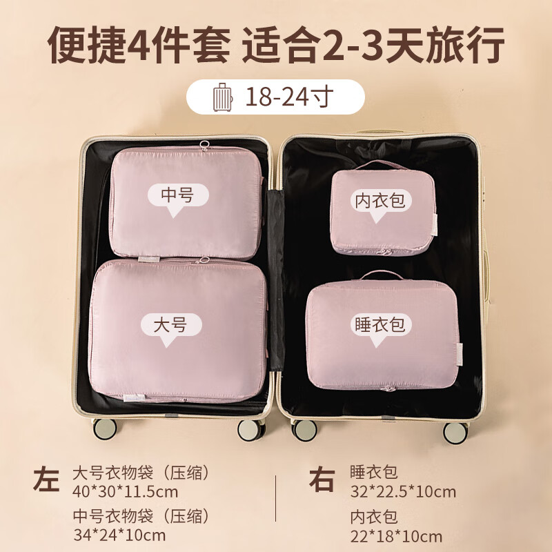 邦尼美家可压缩旅行收纳袋行李箱内衣内裤衣物收纳包旅游外出便携整理袋包 粉色4件套【适用18-24寸行李箱】 放心购（旅行收纳好帮手）