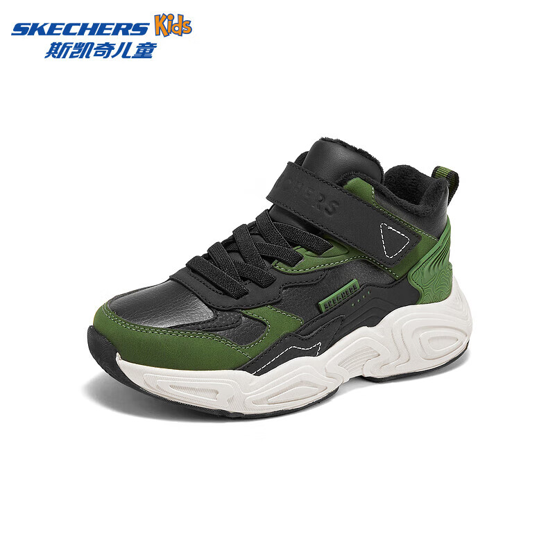Skechers斯凯奇男童山川绒绒靴冬季加绒保暖棉鞋户外防滑运动鞋405321L 黑色/绿色/BKGR 36