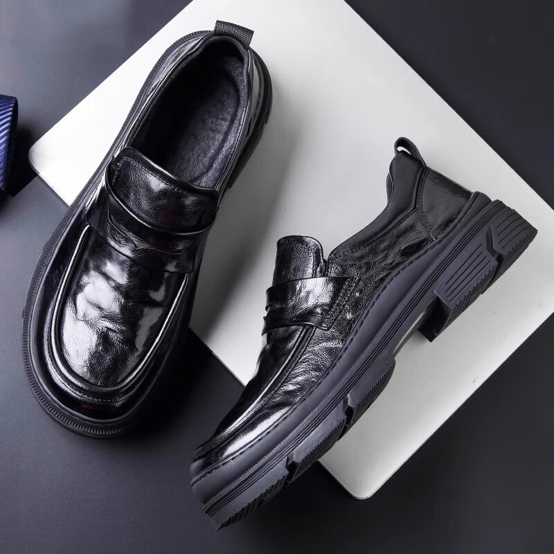 Walker Shop男士高端皮鞋男软羊皮大头商务通勤皮鞋新款厚底增高一脚蹬乐福鞋 黑色系带款 【品牌男鞋 礼盒包装】 40