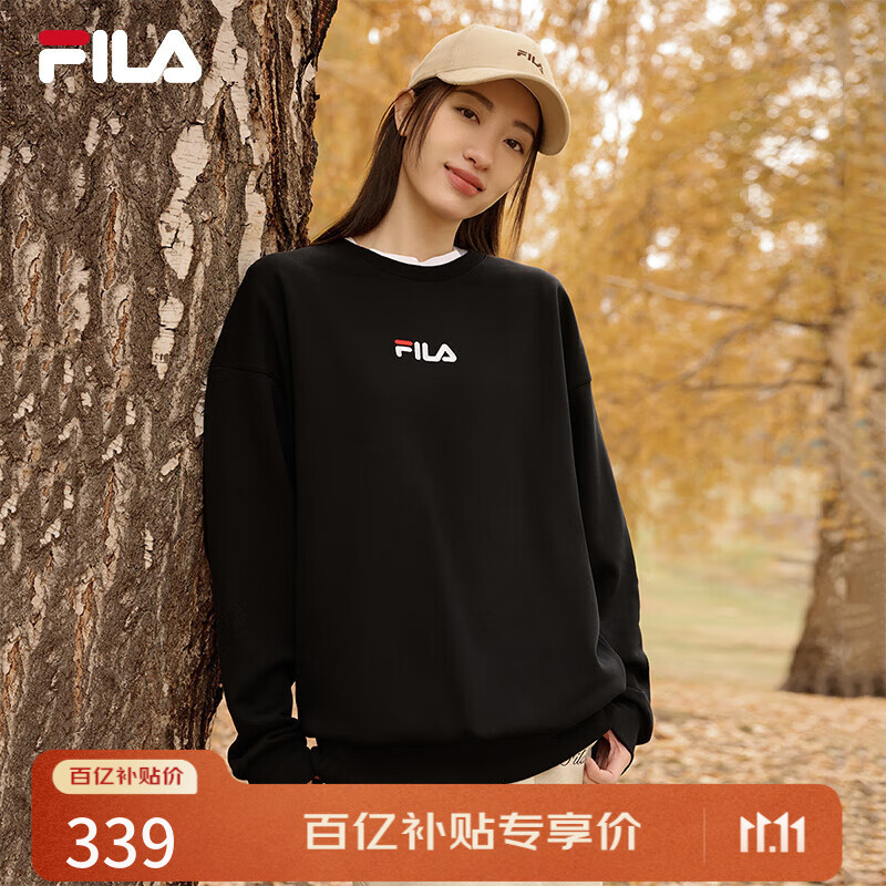 FILA 斐乐女装卫衣男女同款套头卫衣秋冬情侣款休闲加绒保暖长袖上衣 正黑色-BK L 175/96A/L