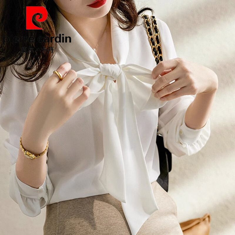 皮尔卡丹(pierre cardin)高端品牌高端职业真丝桑蚕丝衬衫2025秋冬新款气质百搭优雅系带衬 皮尔卡丹 黑色 2XL