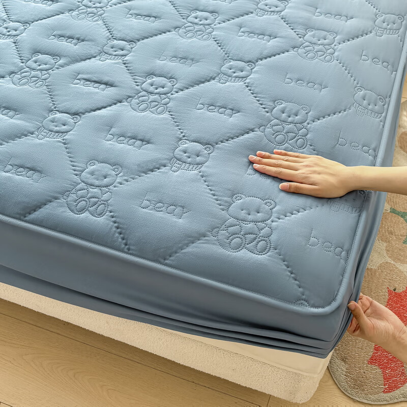 雅鹿加厚夹棉床笠防尘绗缝床罩三件套隔脏床盖床垫保护套床上用品 小熊夹棉床笠-宾利蓝【蓬松柔软 四季通用】 150*200cm单床笠