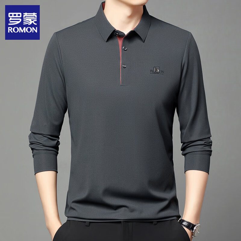 罗蒙（ROMON）长袖t恤男2026春季新款商务休闲宽松大码翻领上衣打底衫男 卡其 XL
