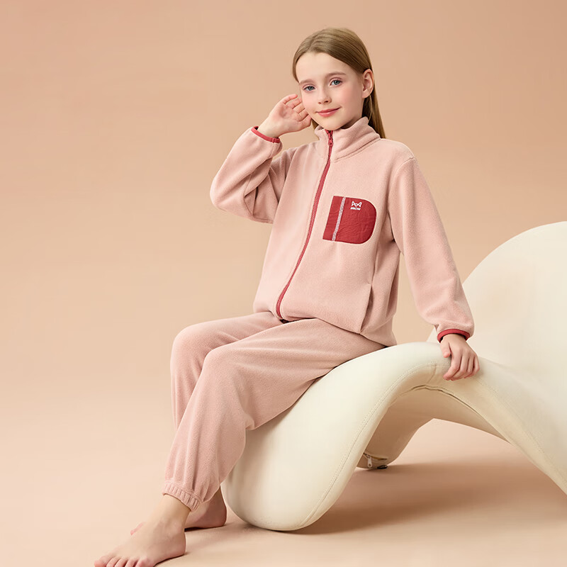猫人女童套装秋装2025新款儿童棒球服男中大童摇粒绒保暖秋冬家居套装 灰蓝色 120