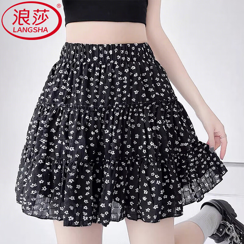 浪莎碎花短裙子女夏季新款半身裙高腰显瘦蛋糕裙小个子百搭潮流A字裙 黑色 XL 【推荐126-140斤】
