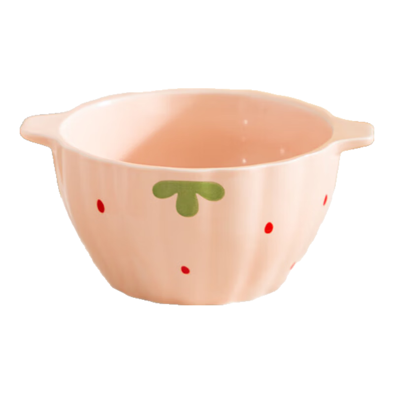 少女心草莓双耳碗勺加厚汤碗沙拉碗饭碗家用碗高颜值釉下彩餐具 浅粉草莓双耳碗（1碗1勺） 2件套