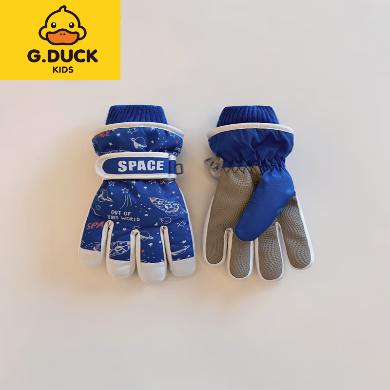 G.duck小黄鸭滑雪手套儿童冬防泼水保暖加厚棉绒防滑玩雪骑车子男宝女孩 太空系 - 蓝色 2-5岁 【下单赠弹力防丢绳】 均码 京东折扣/优惠券