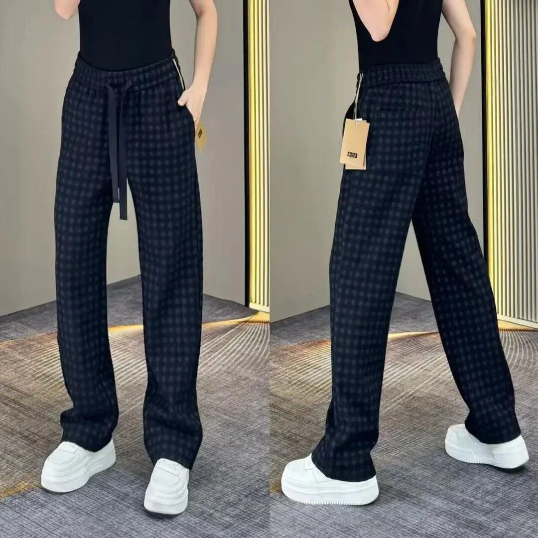 【轻奢】2025秋季新款男士格子直筒休闲裤百搭垂感长裤直筒显高HL 黑蓝色 2XL （150-170斤）
