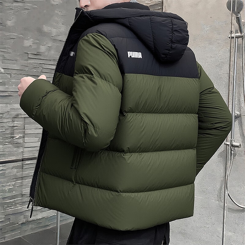 彪马（PUMA）羽绒服男装冬季新款休闲运动防风面包服夹克连帽保暖加厚鸭绒外套 深橄榄色/warmcell防风拒水科技 L 180/100A 推荐体重140-160斤