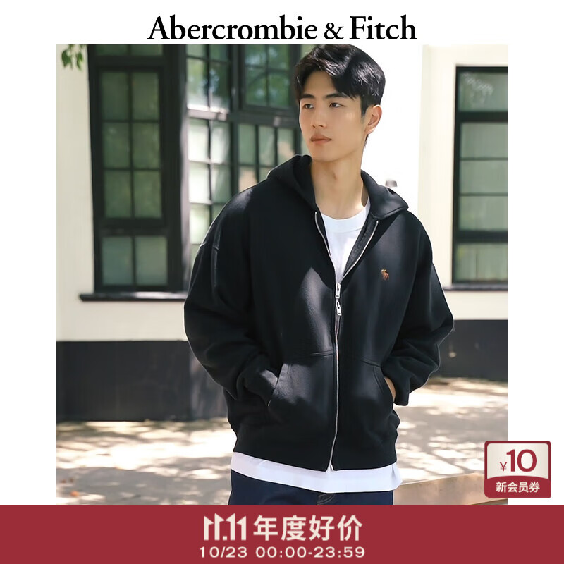 Abercrombie &amp; Fitch经典小麋鹿图案男装25秋冬新款抓绒宽松连帽卫衣外套122-5540 黑色 L (180/108A)